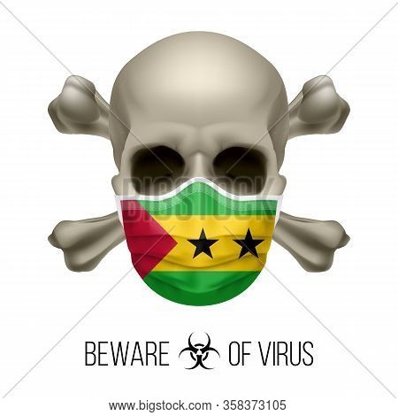 Human Skull With Crossbones And Surgical Mask In The Color Of National Flag Sao Tome And Principe. M