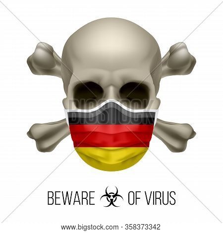 Human Skull With Crossbones And Surgical Mask In The Color Of National Flag Germany. Mask In Form Of