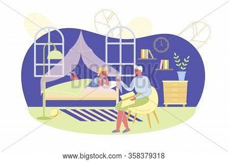 Bedtime Story For Beloved Granddaughter, Banner. Grandmother Sit In Chair By Bed In Childrens Room. 