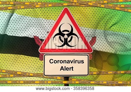 Brunei Darussalam Flag And Covid-19 Biohazard Symbol With Quarantine Orange Tape. Coronavirus Or 201