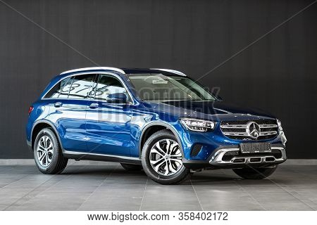 Novosibirsk, Russia - March 07, 2020: Luxury Blue Mercedes-benz Glc-class, Front View.  New Expensiv