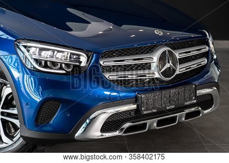 Novosibirsk, Russia - March 07, 2020: Luxury Blue Mercedes-benz Glc-class, Close-up Of The Headlight