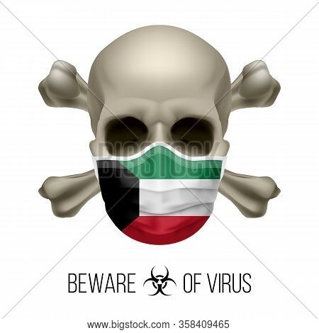 Human Skull With Crossbones And Surgical Mask In The Color Of National Flag Kuwait. Mask In Form Of 