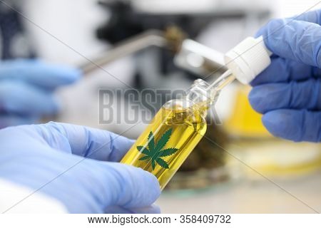 Gloved Pharmacist Opens Bottle Hemp Oil Research. Hemp-based Clinical Trials. Products Containing Ca