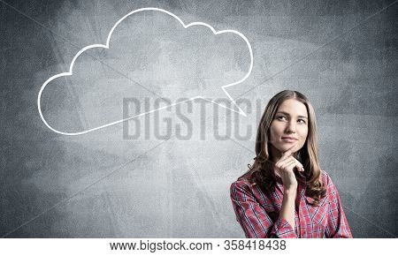 Brown Haired Woman Looks Pensive Upwards And Tries To Remember Something. Blank Speech Bubble Illust
