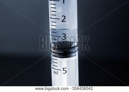 Transparent Plastic Syringe Close-up With Transparent Liquid. The Measurement Is In Milliliters And 