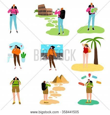 Women And Men Travelling Around World With Backpacks Vector Illustration