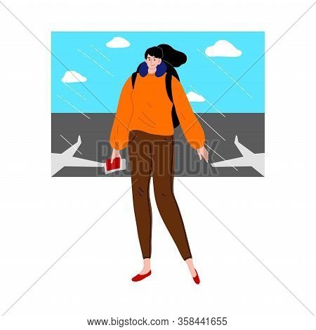 Young Woman Travelling With Backpack By Plane Vector Illustration