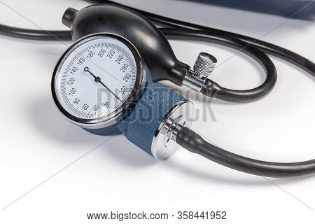 Aneroid Manometer And Rubber Bulb With Valve Of The Classical Manual Mechanical Sphygmomanometer On 