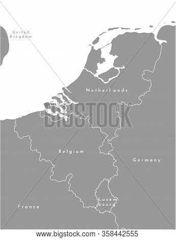 Vector Modern Illustration. Simplified Grey Political Map Of States Of Benelux Union And Neighboring