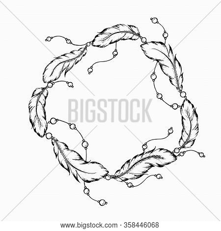 Round Frame Made Of Feathers And Beads, Hand Drawn In Ink. Black Outline Quill Border For Banners, C