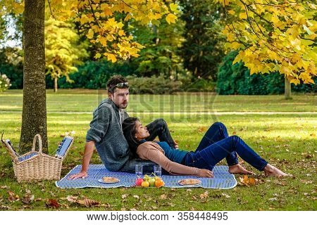 Autumn In The Netherlands At The Veluwe National Park, Couple Picnic Under A Tree During Fall Season