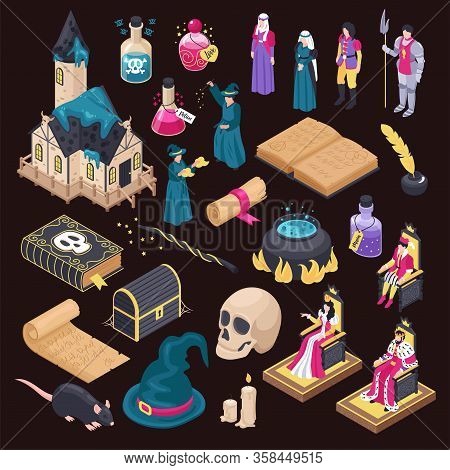 Magical Isometric Icons Set Of Magic Book Skull Magic Hat Wizard Hag Isolated On Black Background Ve