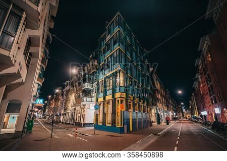 Empty Amsterdam Downtown Streets Without People, Closed Restaurants And Stores In Historical Center 