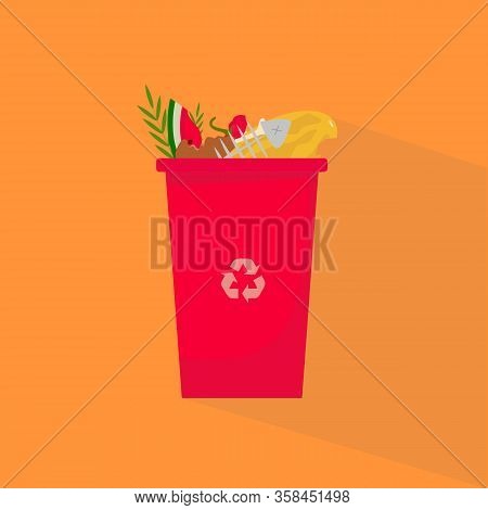 Garbage Reuse Concept. Trashbin With Organic Waste On Orange Background, Creative Illustration