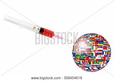 Syringe With Blood: Positive Analysis From Covid-19 And Image Of World With Flags Of Countries With 