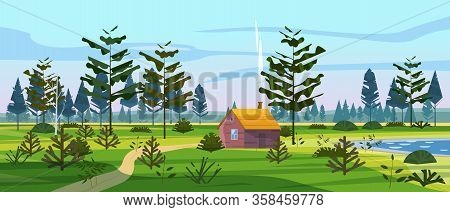 Meadow And Forest Landscape Nature, Spruce Pine Trees, Grass And Bushes. Panorama Scenery Hut House 