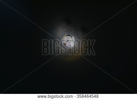 Male Builder Looks Into Hole Dark Plastic Pipe. Plumbing Work, Replacement Plastic Pipes. Installati
