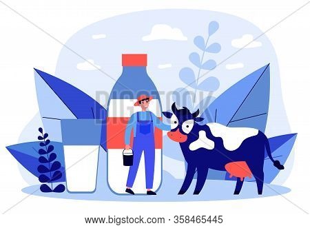 Happy Young Farmer Standing Near Cow Flat Vector Illustration. Man Holding Bucket With Milk. Fresh M