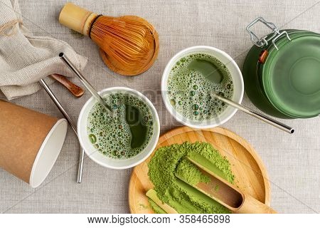 Matcha Tea Making Process, Wooden And Bamboo Kitchen Utensils, Metal Straws On Linen Beige Backgroun