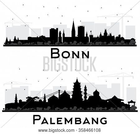 Palembang Indonesia and Bonn Germany City Skyline Silhouette with Black Buildings Isolated on White. Business Travel and Concept with Historic Architecture. Cityscapes with Landmarks. 