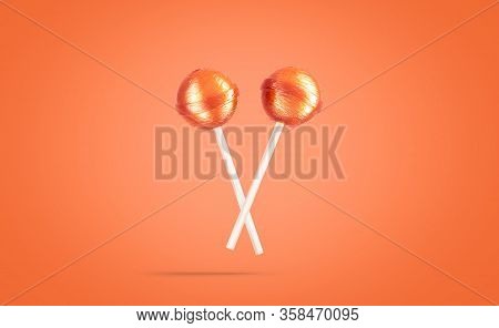 Blank Two Caramel Lollipop Mockup, No Gravity, Orange Background, 3d Rendering. Empty Sweet Sucker B