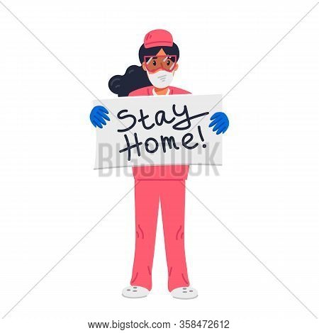 Young Nurse In Pink Scrubs Holding Sign With Stay Home Inscription
