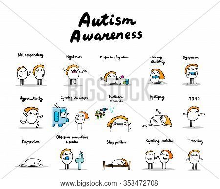 Autism Awareness Set Of Symptoms Hand Drawn Vector Illustrations In Cartoon Comic Style People