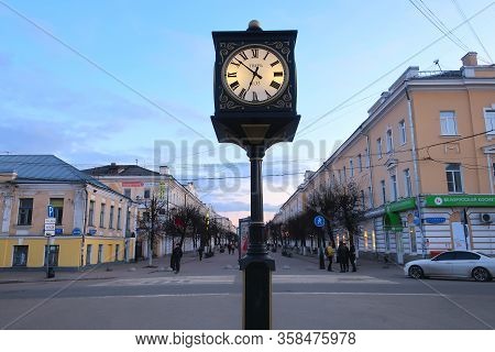 Tver, Russia - March 22, 2020: Trekhsvyatskaya Pedestrian Street. Town Clock