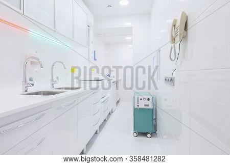 Hygiene Room With Modern Equipment In Professional Medical Hospital, Copy Space