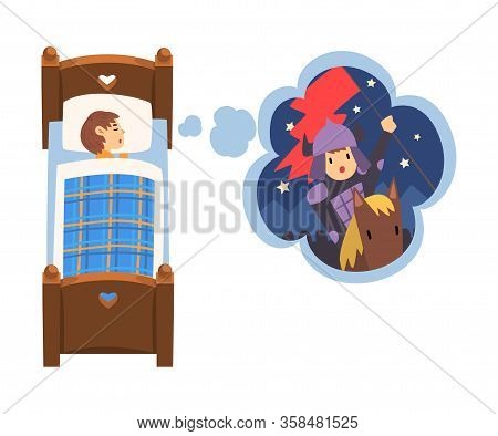 Cute Girl Sleeping In Bed And Dreaming About Knight Galloping On Horseback, Kid Lying In Bed Having 
