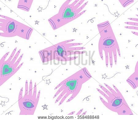 Cute Seamless Boho Pattern With Ornate Ethnic Hands, Eyes And Magic Symbols N The Night Sky.