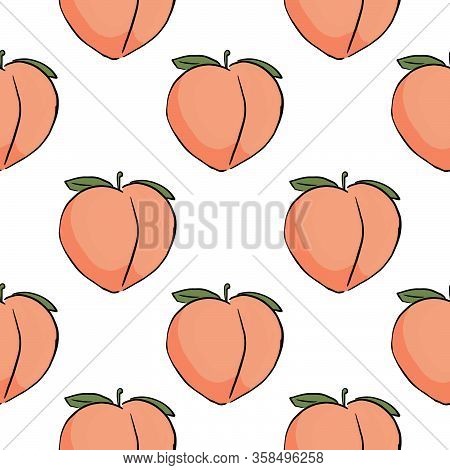 Seamless Pattern With Isolated Peaches In Cartoon Style. Endless Texture Can Be Used For Wallpaper, 