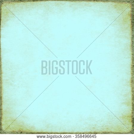 Retro background with texture of old soiled paper of blue color. Vintage square backgrop with grunge frame. Copy space for text