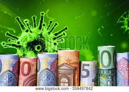 Europe Stockmarket Chart Downtrend With Banknote Background, Covid19 Virus Pandemic Crisis, Euros Ro