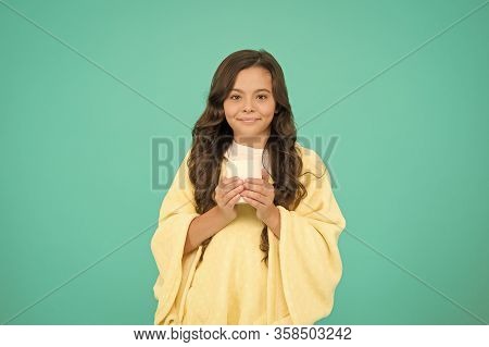 Comfy Outfit For Weekend Rest At Home. Comfy Style. Kid Wearing Soft Poncho Drinking Tea. Wellbeing 