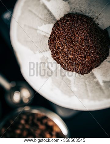The Process Of Making Coffee By The Alternative Method Of Purover, Ground Coffee Poured Into A Paper