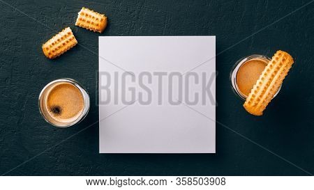 Two Shots Of Espresso In Glass Transparent Cups, Bisuits And White Square Paper Card For Text On A D