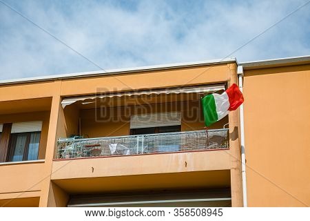 Manzano, Italy - 25.03.2020: Little Italian City During An Epidemic.view Of Small Italian Condominiu