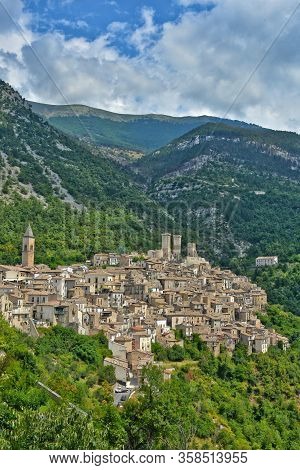 Panoramic View Of A Medieval Village In The Mountains Of The Abruzzo Region In Italy.