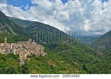 Panoramic View Of A Medieval Village In The Mountains Of The Abruzzo Region In Italy