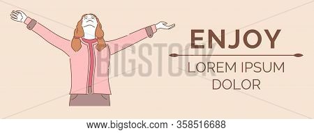 Enjoy Banner Design Template With Text Space. Young Woman In Casual Clothes Standing With Open Arms 