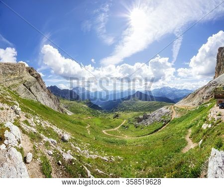 Traveling To Beautiful Alps In Summer. Cinque Torri