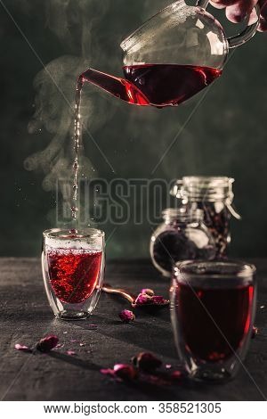 Process Brewing Red Karkade Tea, Rose Tea Ceremony, Cup Of Freshly Brewed Fruit Tea, Dark Moody.hot 