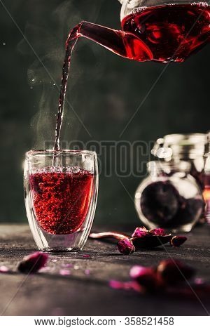 Process Brewing Red Karkade Tea, Rose Tea Ceremony, Cup Of Freshly Brewed Fruit Tea, Dark Moody.hot 