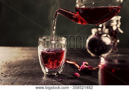 Process Brewing Red Karkade Tea, Rose Tea Ceremony, Cup Of Freshly Brewed Fruit Tea, Dark Moody.hot 