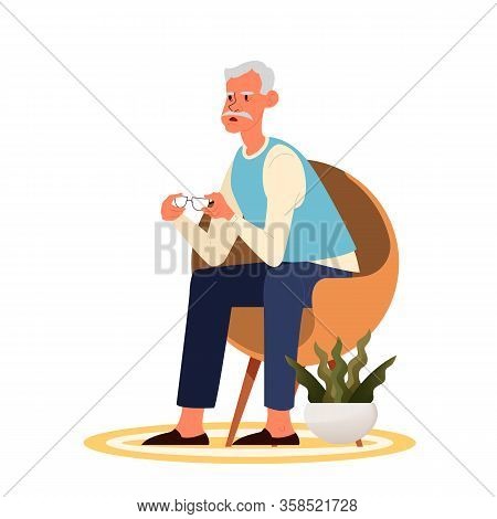 Tired Old Man Sitting In The Armchair. Eldery Person With Lack