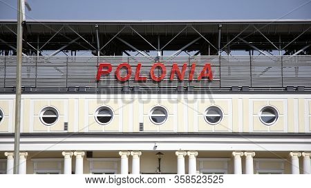 Warsaw, Poland. 28 March 2020.. Sign Polonia. Company Signboard Polonia.