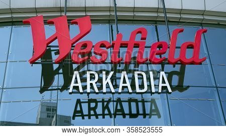 Warsaw, Poland. 28 March 2020.  Sign Westfield Arkadia. Company Signboard Westfield Arkadia.