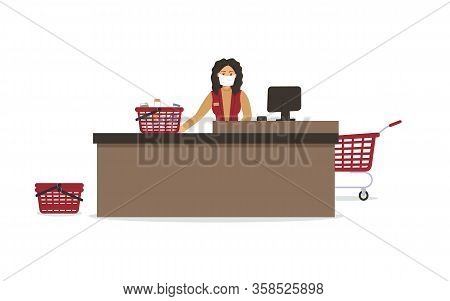 Grocery Store During Epidemic Of Virus.cashier In Protective Medical Mask Is Behind Cash Register.ba